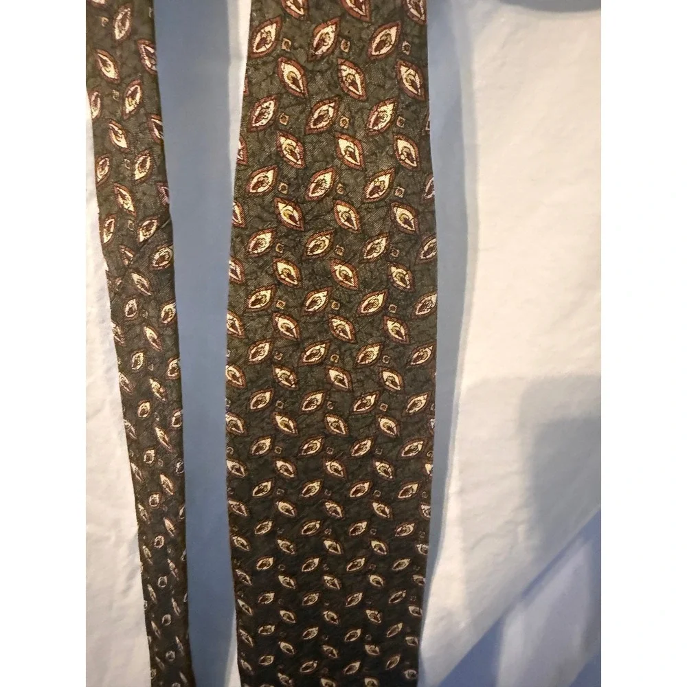 Structure‎ Vintage Mens Silk Tie Olive Green Burgundy Gold Geometric Pattern 325